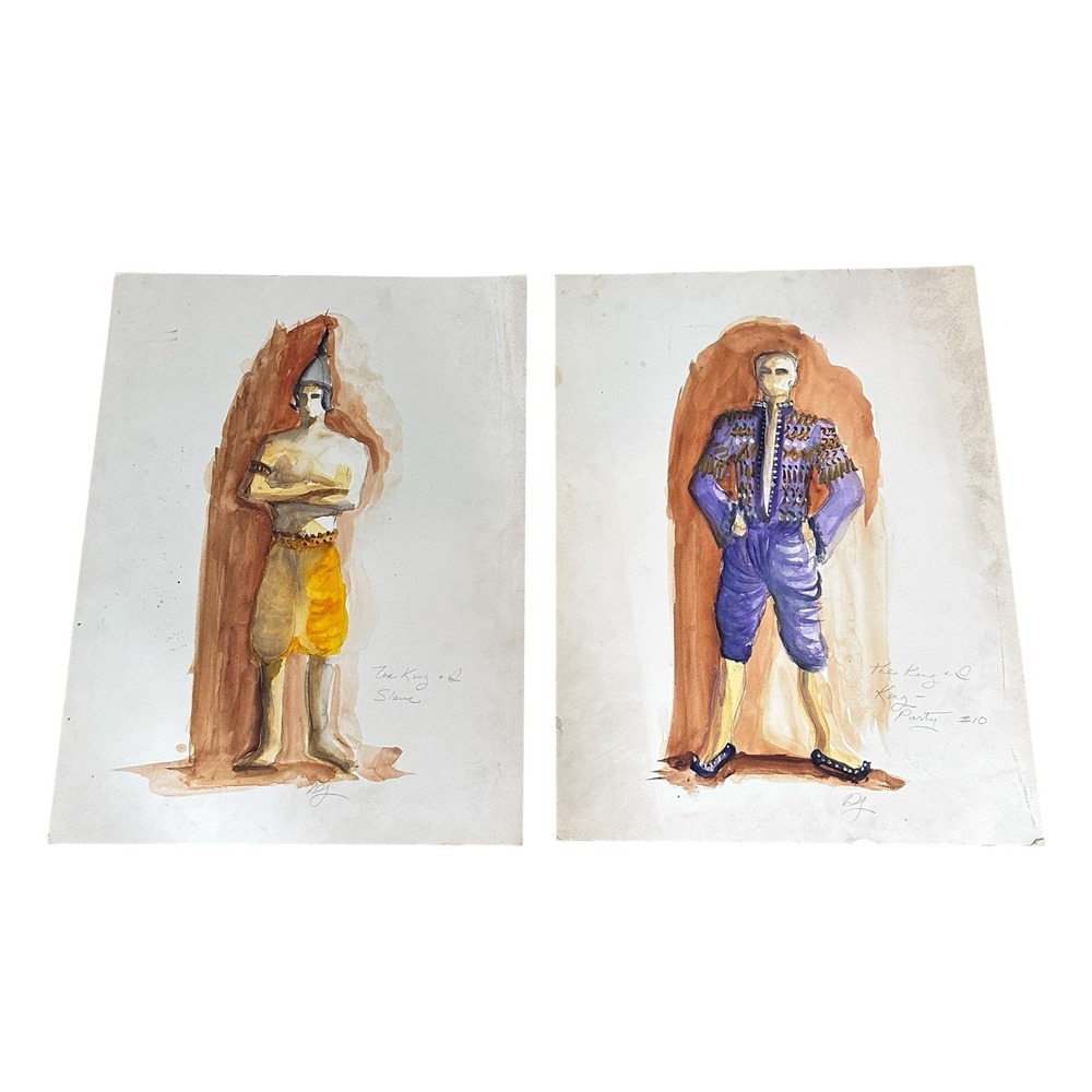 The King and I Slave Party Costume Design Watercolor Paintings Set of 2 Signed